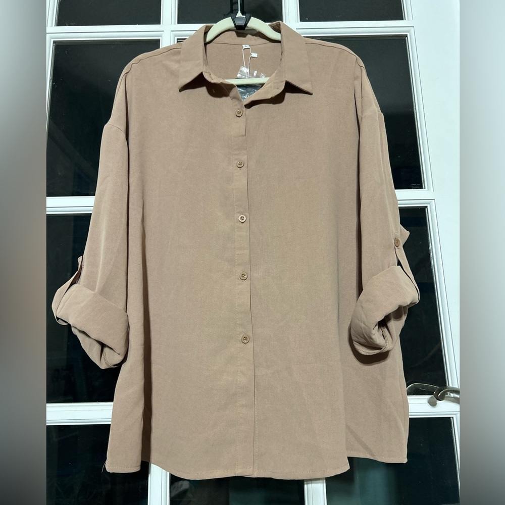 NWT Deep Self Women Button Down Shirt with Shorts Sets Loungewear Khaki Large